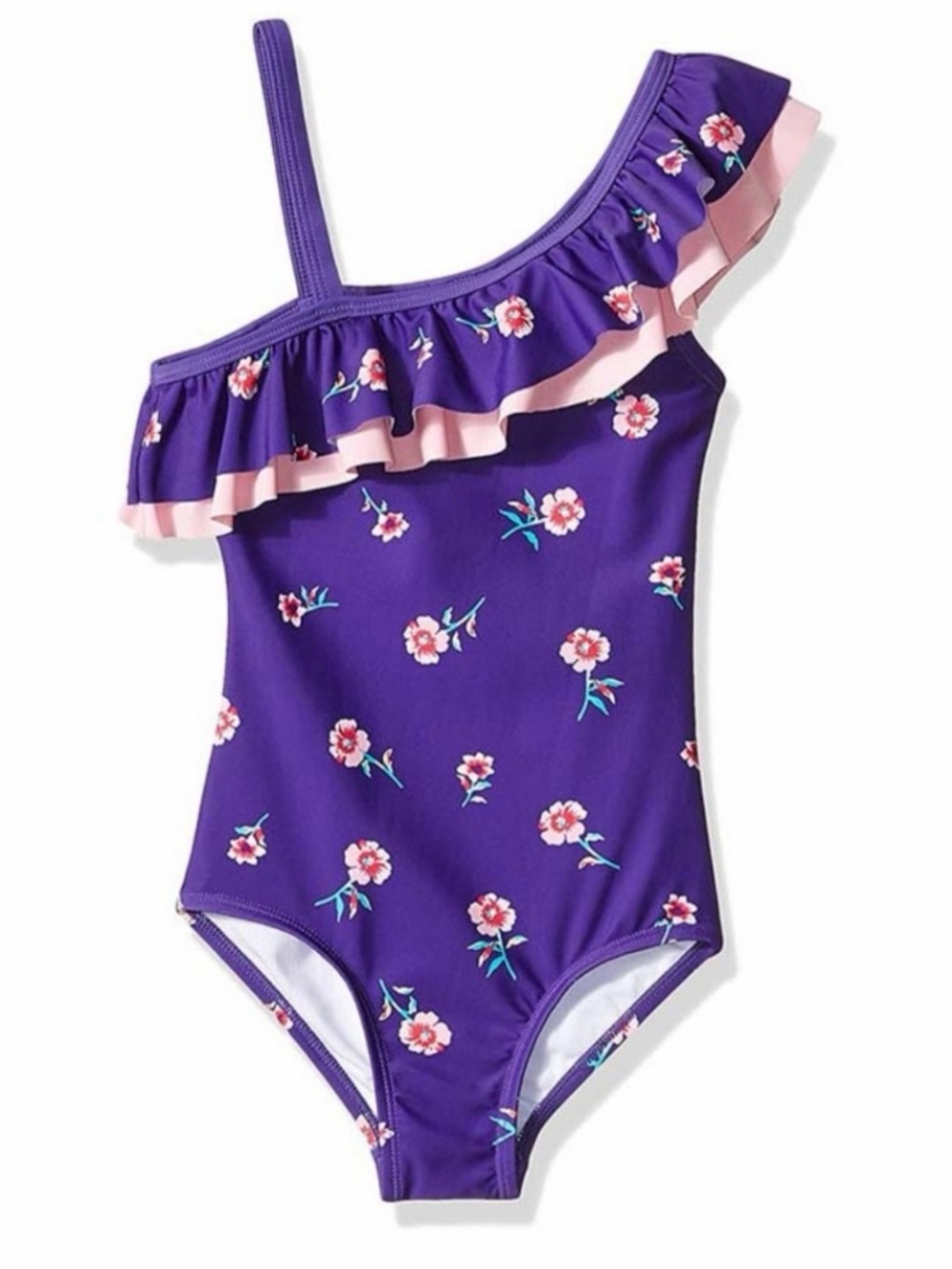 Kanu Surf Girls 12 Morgan Purple Floral One-Shoulder Ruffle Swimsuit Pink Trim